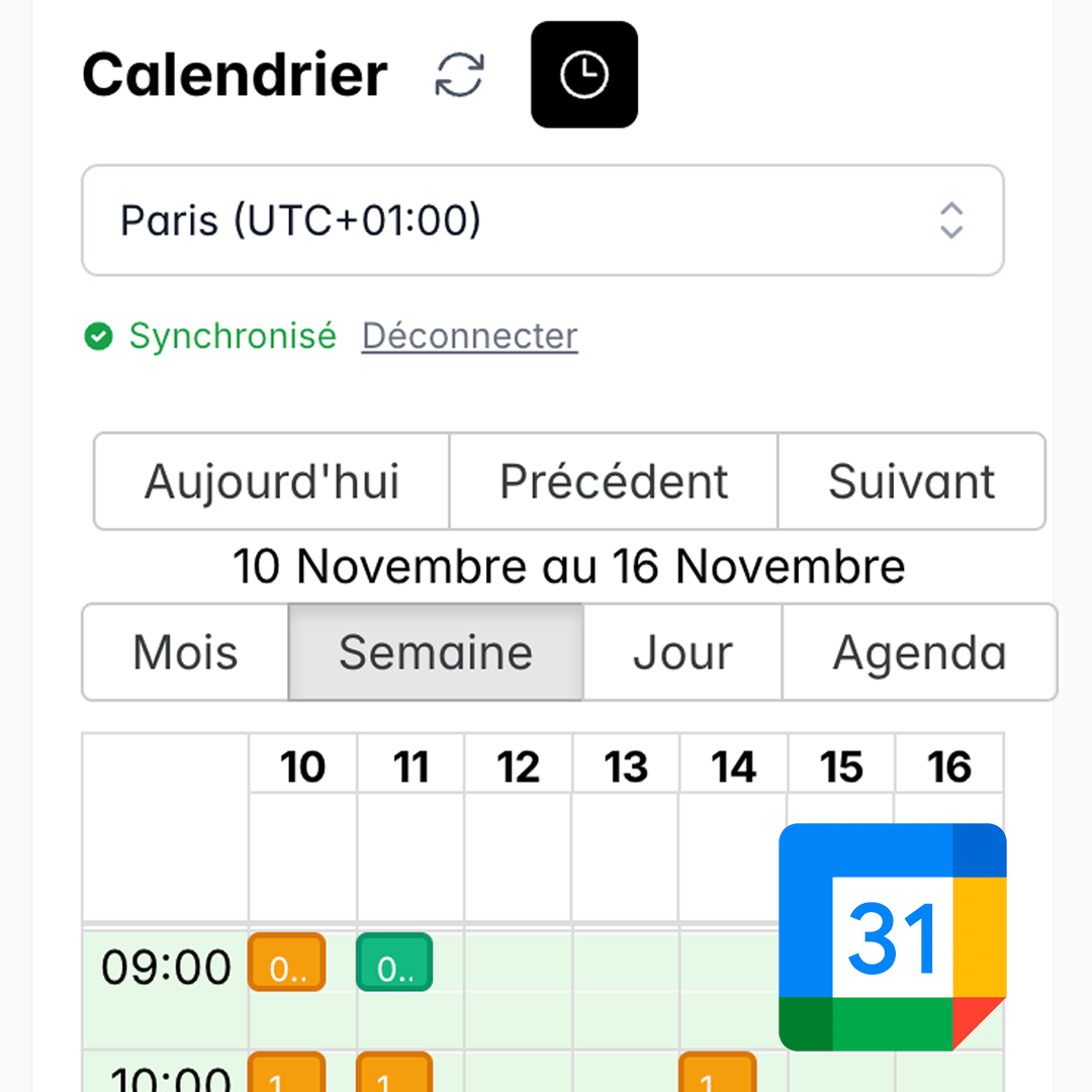 Calendrier Jebooke avec synchronisation Google Calendar